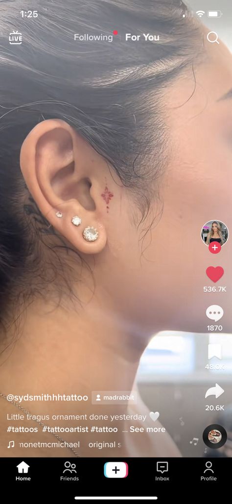 Small Tragus Tattoo, Tragus Tattoo, Cute Small Tattoos, Face Tattoos, Random Ideas, Dope Tattoos, Matching Tattoos, Piercing Tattoo, Body Mods