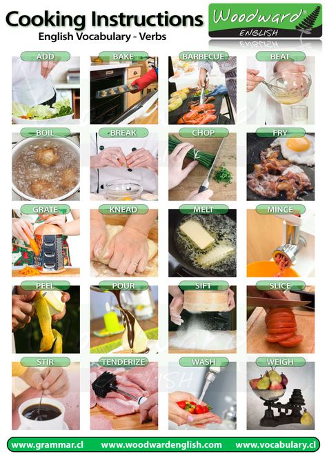 Cooking vocabulary in English Cooking Vocabulary, Woodward English, Food Vocabulary, Esl Vocabulary, English Vocab, English Verbs, English Fun, English Language Teaching, English Tips