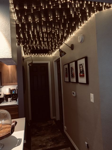 fairy lights on high gloss black ceiling Fairy Light Hallway, Dangly Ceiling Lights, Hallway Fairy Lights, Fairy Lights In Hallway, Fairy Lights Across Ceiling, Fairy Lights Hallway, Kitchen Fairy Lights, Twinkle Lights Ceiling, Fairy Lights Bedroom Ceiling