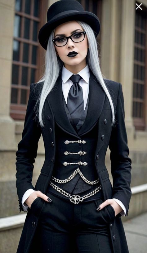 Halloween Costumes Women Black Outfit, Female Magician Costume, Dark Cabaret Fashion, Gothic Suit Women, Steampunk Goth Outfits, Batman Outfits Aesthetic, Detective Outfit Female Vintage, Womens Prom Suits, Goth Suits Women