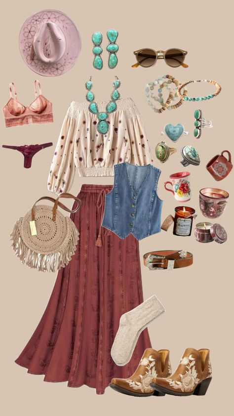 #westernoutfit #punchyoutfit #cowpoke #westernasthetic #cowboy #cowgirl #boho #hippie #gypsiegirl #bohoaesthetic #bohowestern Boho Chic Skirt Outfit, Hippie Western Outfits, Country Boho Outfit, Feminine Cowgirl, Hippie Cowgirl Style, Western Boho Outfits, Boho Western Outfits, Boho Chic Aesthetic, Boho Chic Skirts