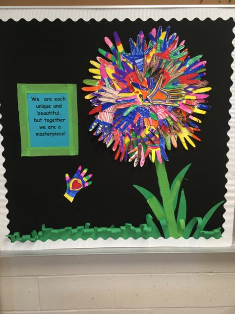 April Decorations, Class Charter, Unique Bulletin Board Ideas, Flower Bulletin Boards, Soft Board Decoration, Early Preschool, Diversity Art, Hand Print Flowers, Cut Out Flowers