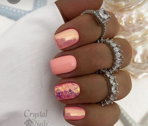 Short Beach Acrylic Nails, Nail Designs For Gel Nails, Simple Rhinestone Nails Designs Short, Beach Gel Nails Summer, Peach Nails Chrome, Simple Spring Nails Square, Beach Dip Powder Nails, Chrome Powder Nails Designs, Hot Summer Nails 2023