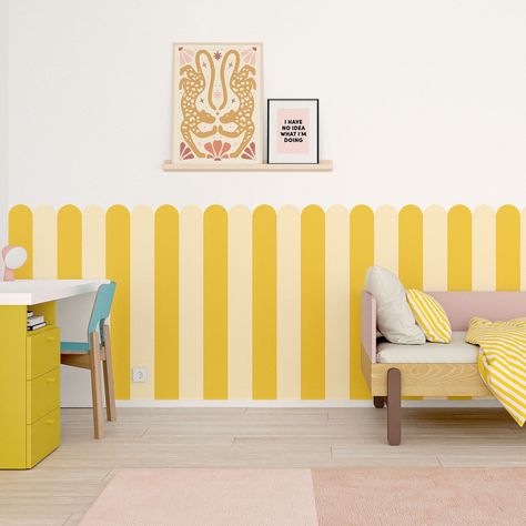 Fun Kids Wallpaper, Playroom Wall Ideas, Kids Room Colors, Colourful Kids Room, Colourful Playroom, Scallop Wallpaper, Half Painted Walls, Nyc Rooms, Wallpaper Kids