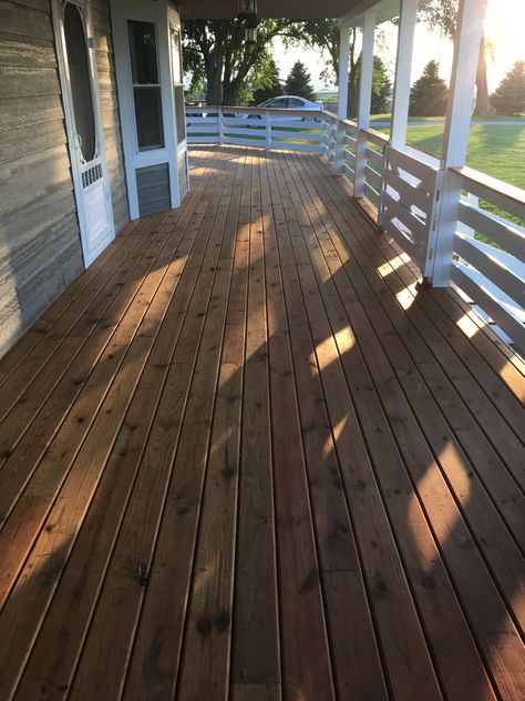 Floor, handrails done in  Sherwin-Williams Superdeck  Transparent Oil Stain  Redwood   Rails and posts done in  Cabot Solid Stain  Ultra White Dock Stain Colors, Deck Stain Colors Sherwin Williams, Porch Stain Colors Wood, Sherwin Williams Deck Paint, Sherwin Williams Deck Stain, Porch Stain, Farm Patio, Deck Paint Colors, Deck Stains