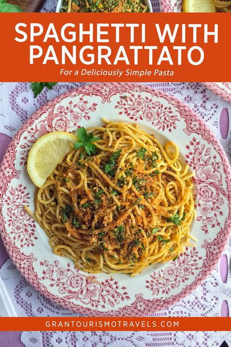 Spaghetti Pangrattato Recipe for Pasta with Zesty Crunchy Breadcrumbs Spaghetti With Breadcrumbs, Spaghetti Pangrattato, Pangrattato Recipe, Recipe For Pasta, Pasta Fork, Portugal Wine, Deep Frying Pan, Lemon Pasta, Lemon Slices