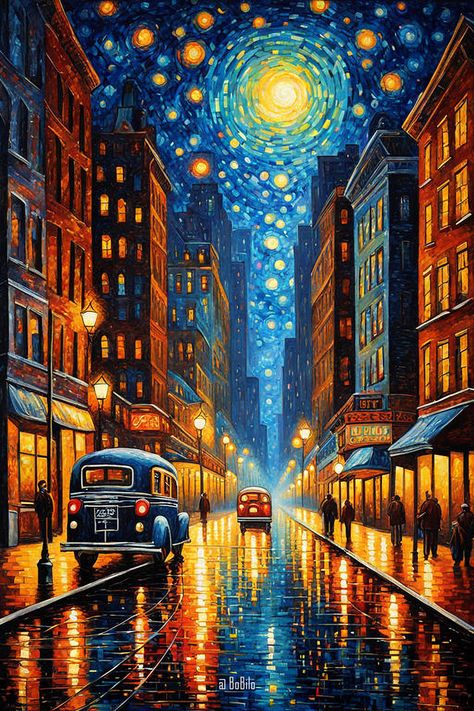 Starry Nightscape: Urban Fairy Tale Inspired by Old New York Nightscape Painting, Urban Fairy, Old New York, Captivating Art, Painting Nature, Starry Night Van Gogh, Van Gogh Art, Night Art, Arte Fantasy