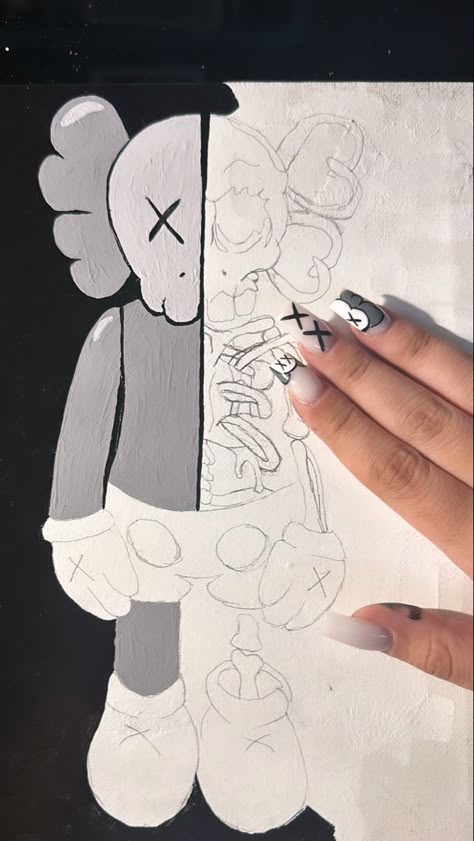 Kaws Doll Drawing, Kaws Elmo Drawing, Kaw Drawings, Kaws Drawing Easy, Kaws Outline, Kaws Skeleton, Kaws Drawing, Kaws Sketch, Kaws Nails