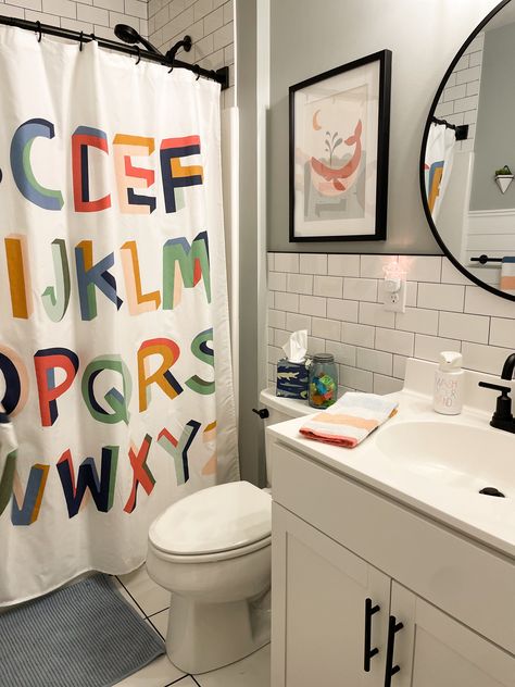 TODDLER BATHROOM REFRESH || BRIGHT & PLAYFUL | A Classy Fashionista Infant Bathroom Ideas, Brother And Sister Shared Bathroom, Boy And Girl Bathroom Ideas For Kids, Simple Kids Bathroom Ideas, Guest Bathroom/kids Bathroom, Gender Neutral Kids Bathroom Ideas, Kids Bathroom Color Ideas, Kids Gender Neutral Bathroom, Kid And Guest Bathroom