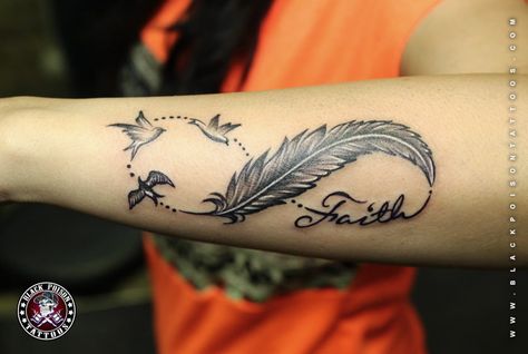 Infinity Tattoo With Birds, Tattoo With Birds, Feather Tattoo Black, Infinity Tattoo With Feather, Feather Tattoo Meaning, Infinity Tattoo Designs, Peacock Feather Tattoo, Butterfly Tattoos For Women, Feather Tattoo Design