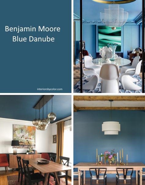 Benjamin Moore Blue Danube - Interiors By Color Benjamin Moore Blue Danube, Blue Danube Benjamin Moore, Benjamin Moore Paint Colors Blue, Benjamin Moore Bedroom, Benjamin Moore Blue, Blue Wall Colors, Exterior House Paint Color Combinations, Dining Room Paint, Paint Color Schemes