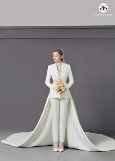 Tuxedo Wedding Dresses For Women, Wedding Dress Tuxedo, Womens Wedding Tuxedos, Suits With Tails, Dress Tuxedo Combo, Half Tux Half Dress, White Suit With Train, Brides In Suits, White Female Wedding Suit