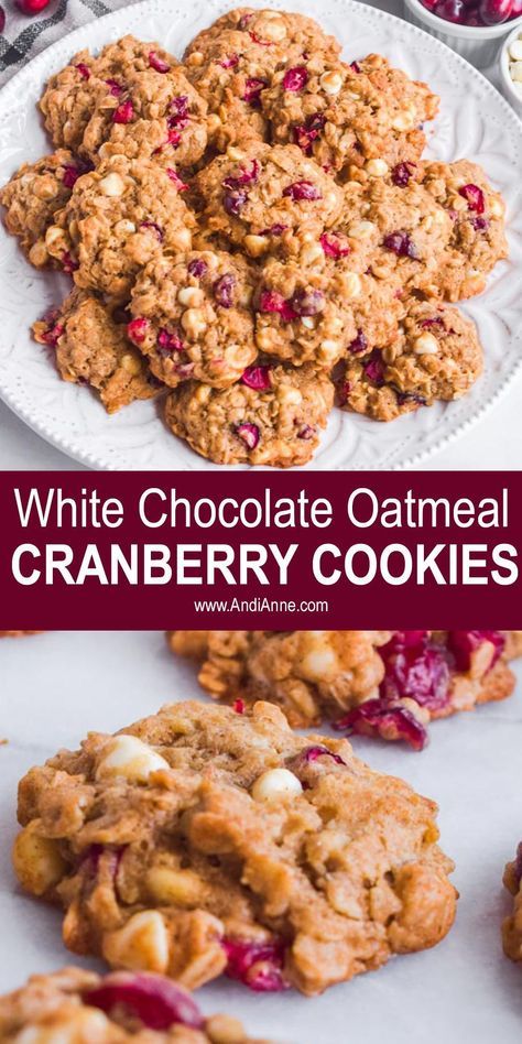 White chocolate oatmeal cranberry cookies are the perfect combination of sweet and tart. Fresh cranberries are combined with white chocolate chips to create one of my favorite cookies! Oatmeal Cranberry Cookies Recipe, White Chocolate Oatmeal, Simple Holiday Cookie Recipes, Cranberry Cookies Recipes, Recipe Oatmeal, Cranberry Oatmeal, Oatmeal Cranberry Cookies, Baking List, Oatmeal Cookies Chewy