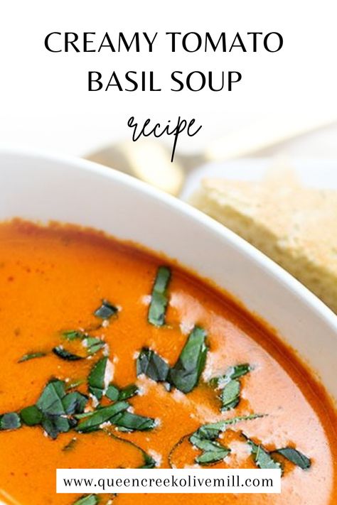 Creamy Tomato Basil Soup Tomato Basil Soup Recipe, Creamy Tomato Basil Soup, Winter Soup Recipe, Olive Oil Recipes, Winter Soup, Basil Soup, Tomato Basil Soup, Winter Soups, Dry White Wine