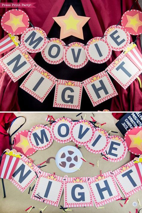 Movie Night Banner Printables, Movie Night Decorations, Bunting, Movie Reel, Popcorn Box, Star, Birthday party, Marquee, INSTANT DOWNLOAD Movie Night Banner, Movie Night Sign, Popcorn Box Printable, Movie Night Printables, Movie Party Decorations, Diy Movie Night, Movie Night Invitations, Movie Night Decorations, Box Printable