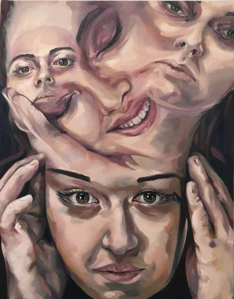 Feeling Disconnected Art, Face Dysphoria Art, Two Personality Art, Expressive Portrait Painting, Identity Self Portrait, Multiple Faces Art, Many Faces Art, Conceptual Art Ideas, Two Faced Art