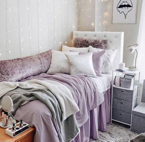 What Your Dorm Room Theme Should Be Based On Your Zodiac Dormify Room Ideas, Light Purple Bedding, Purple Dorm Room, Purple Dorm Rooms, Purple Dorm, Dorm Room Themes, Purple Room Decor, Dorm Room Styles, Dorm Inspiration