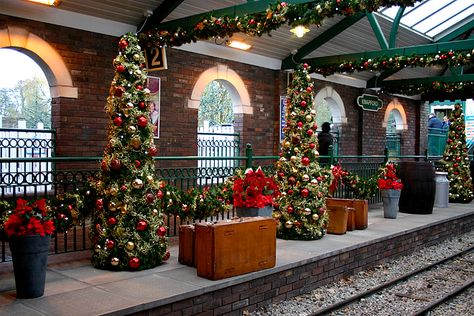 Decorated train station Train Station Decoration, Train Station Decor, Christmas Tree Train, Enchanted Christmas, Cozy Christmas Decor, Christmas In Heaven, Days Till Christmas, Christmas Town, Christmas Train