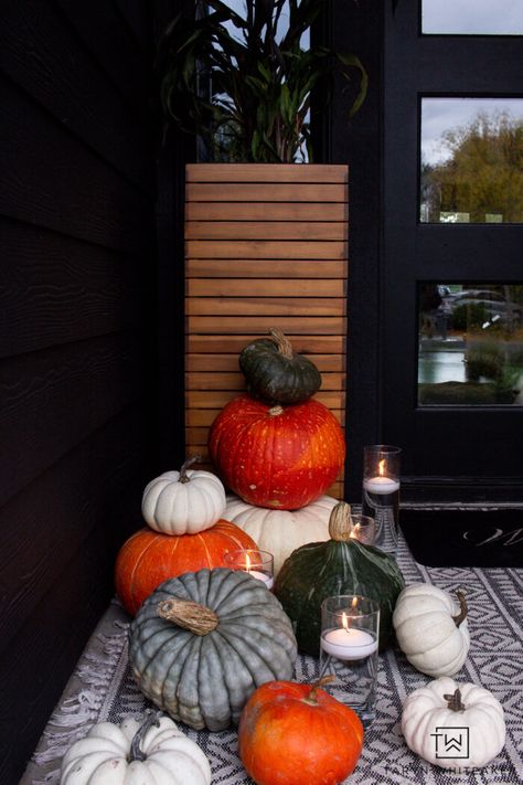 Modern Fall Porch Display - Taryn Whiteaker Fall Porch Display, Heirloom Pumpkins, Fall Porch Decor, Candle Display, Pumpkin Display, Modern Fall, Earth Tone Colors, Candle Displays, Battery Operated Lights