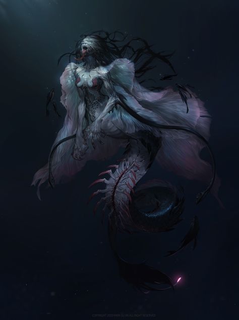 Siren Scary Evil Mermaids, Dark Siren Art, Mer Creature Art, Deep Sea Merfolk, Scary Siren Art, Female Sea Monster, Mermaid Art Fantasy Dark, Creepy Mermaid Art, Siren Art Dark