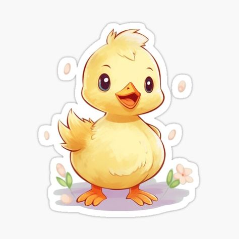 "Cute Smiling Duckling with Flowers" by CozyKawaiiArt | Redbubble Cute Spring Animals, Duckling Doodle, Cute Ducks Animated, Cute Ducklings Cartoon, Cute Animals Stickers, Cute Duck Stickers, Soft Pink Flowers, Animals Stickers, Creative Clips Clipart