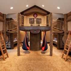 indoor treehouse play room idea   Kids Design Ideas, Pictures, Remodels and Decor.  Kids would flip. Love this Indoor Playground Diy, Indoor Treehouse, Tree House Bedroom, Treehouse Bedroom, Indoor Tree House, Big Kids Playroom, Kids Playroom Ideas Basement, Kids Barn, Shared Boys Rooms