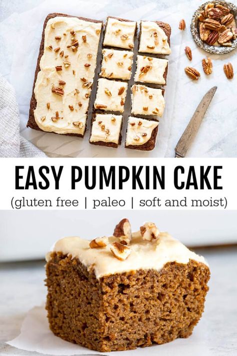 A simple and straight forward pumpkin cake that's soft, moist, and perfectly spiced. Topped with a dairy free velvety frosting. Gluten free. Paleo. #pumpkincake #pumpkinrecipes #glutenfreepumpkincake #glutenfreepumpkinrecipes #paleopumpkinrecipes #pumpkin Easy Pumpkin Cake, Paleo Pumpkin Recipes, Pumpkin Cake Easy, Gluten Free Pumpkin Recipes, Paleo Cake, Cake Gluten Free, Paleo Recipes Dessert, Paleo Baking, Paleo Pumpkin