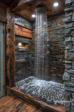 Stone Waterfall Shower Bathroom, Rustic Showers Bathroom, Western Modern Bathroom, Natural Shower Design, Waterfall Shower Ideas, Waterfall Shower Bathroom, Waterfall Showers, Western House Ideas, Rustic Bathroom Shower