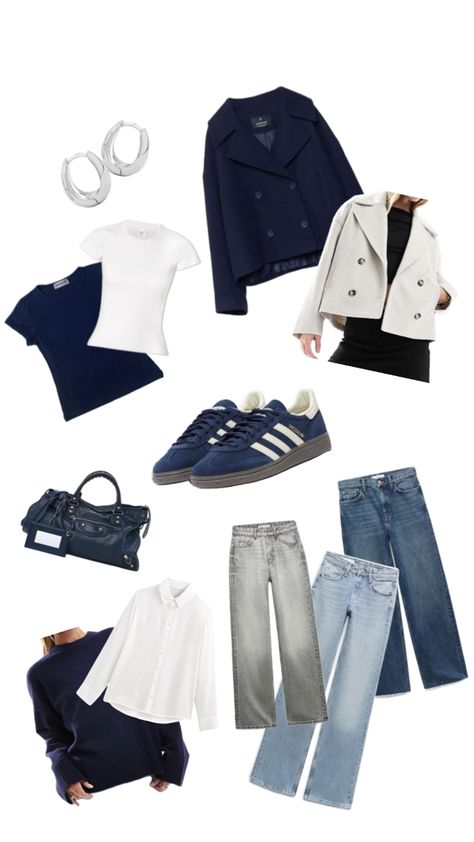 Blue outfit, spezial adidas shies, White White, Blue pull, Jerry and Blue jeans, lady bag, city bag, stradivarius jacket, silver earrings, Blue and white t shirt, tops, etc.. Stradivarius Outfit, Blue Adidas Shoes, Blue Outfit Ideas, Spezial Adidas, Blue And White Outfits, Adidas Outfit Shoes, Adidas Spezial, Adidas Outfit, City Bag