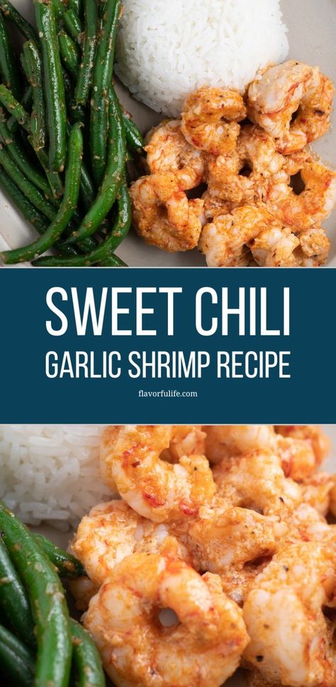 Enjoy a 20 minute shrimp dinner that's healthy and made in a skillet. This sweet chili shrimp recipe is perfect for quick shrimp dinner meal. It's an easy idea for busy nights. Quick Shrimp Dinner, Sweet Chili Shrimp Recipe, Chili Shrimp Recipe, Chili Garlic Shrimp Recipe, Sweet Chili Shrimp, Crispy Green Beans, Shrimp And Rice Recipes, Chinese Five Spice, Chili Shrimp