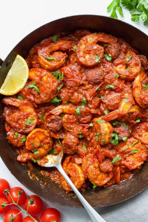 Spanish Shrimp and Chorizo | Every Last Bite Salmon And Chorizo Recipes, Shrimp With Chorizo, Spanish Style Shrimp, Chorizo And Shrimp Recipes, Fresh Chorizo Recipes, Chorizo Shrimp Recipes, Portuguese Chorizo Recipes, Prawn And Chorizo Recipes, Shrimp And Chorizo Recipes