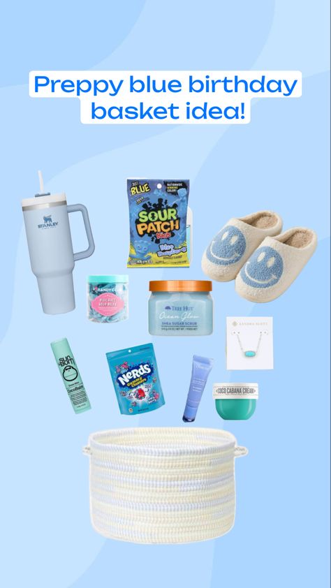 #preppy #blue #gift #basket #birthday#inspo #fyp #viral #pintrest #viral Blue Themed Gift Baskets, Blue Gift Basket, Gift Basket Birthday, Sour Belts, Preppy Gifts, Birthday Basket, Themed Gift Baskets, Birthday Inspo, Sour Patch Kids