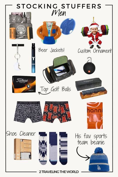 Stocking Stuffers for Men: A collage of popular stocking stuffer ideas for men, featuring a beard kit, beer can jackets, custom ornaments, cologne, golf ball bottle opener, toiletry bag, pro golf balls, boxer shorts, shoe cleaner, socks, sports beanies, portable speaker, and whiskey cubes. Links to 2travelingtheworld's curated list of the best stocking stuffers for men. Small Gifts For Dad Stocking Stuffers, Cute Christmas Ideas For Boyfriend, Dad Stocking Stuffers, Practical Christmas Gifts, Amazon Travel Must Haves, Cozy Christmas Outfit, Practical Christmas Gift, Christmas Gift Ideas For Boyfriend, Guys Gifts