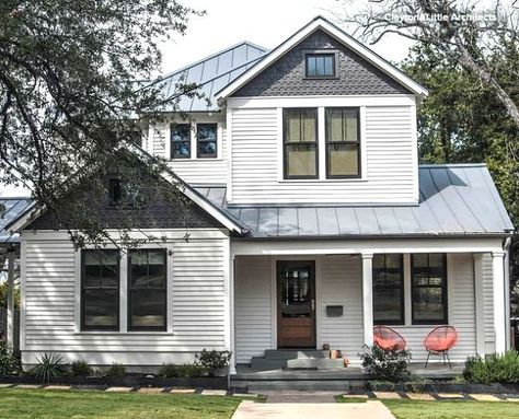 Second Floor Addition Ranch, Black And White Farmhouse Exterior, 2nd Story Addition, Roof Idea, Second Floor Addition, Grey Exterior House Colors, White Farmhouse Exterior, Small Bungalow, White Siding