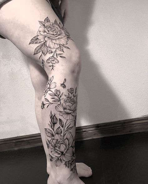 Lower Leg Tattoos Flowers, Big Flower Leg Tattoo, Full Leg Tattoos Women Sleeve Flowers, Floral Lower Leg Tattoo, Full Leg Floral Tattoo, Leg Flower Sleeve, Wrapping Leg Tattoo, Leg Sleeve Flowers, Leg Tattoos Flowers