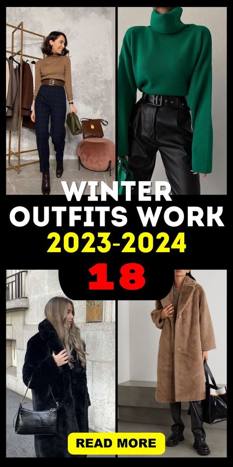 Women's Office Wear in the Cold: Winter Outfits Work 2023 - 2024 Don't let the cold weather deter you from looking your best at the office. Winter outfits for work 2023 - 2024 offer office wear solutions that keep you warm and stylish. From brown knee-high boots to tailored business casual ensembles, these options are designed for women who want to conquer the cold while maintaining a professional look. Winter Looks For Women 2023, Cold Winter Office Outfits Women, Cold Winter Outfits 2023 Trends, Fashion Outfits Winter 2023 2024, Work Outfits Women 2023 Winter, Stylish Outfits For Winter 2023, Winter Styles For Women 2023, Outfits Winter 2023/2024, Women Winter Outfits 2023