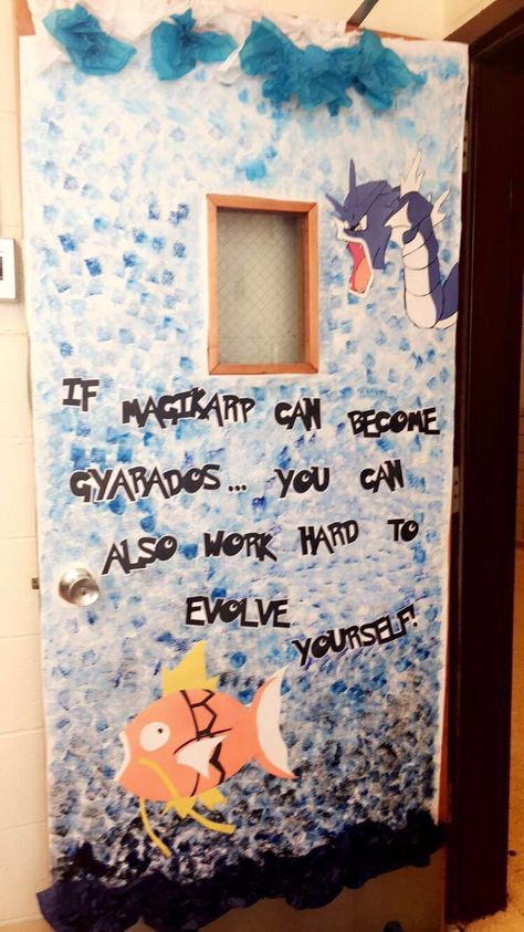 Pokemon door Elementary School Decoration Magikarp and gyarados Evolve Pokemon School, Middle School Bulletin Boards, Decoration Classroom, Pokemon Decor, School Decoration, Social Skills Activities, Classroom Calendar, Class Theme, 5th Grade Classroom