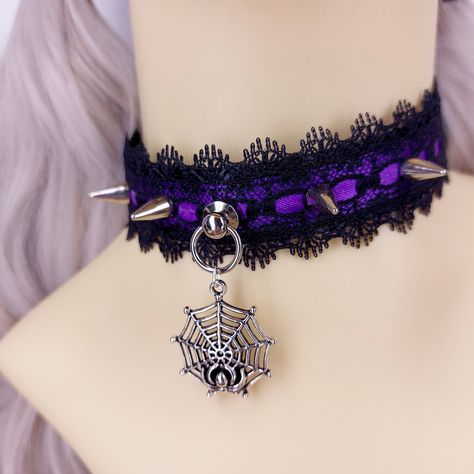 Black lace and halloween o-ring choker collar spider web by CollarSewCute on Etsy O Ring Choker, Purple Ribbon, Faux Leather Fabric, Choker Collar, Choker Necklaces, Spider Web, Leather Fabric, O Ring, Black Lace