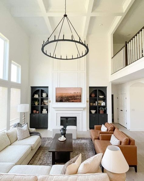 High Ceiling Living Room Chandelier - Soul & Lane Living Room Chandelier High Ceiling, Traditional Modern Living Room, Family Room Chandelier, Modern Traditional Living Room, Tan Living Room, Megan Nicole, High Ceiling Living Room, Still Picture, Coffee Table Decor