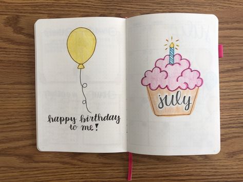 Birthday Dairy Ideas Creative, Birthday Bujo Theme, Happy Birthday Journal Ideas, Birthday Month Journal Ideas, Birthday Bujo, Birthday Journaling, July Cover Page, Birthday Bullet Journal, Dairy Writing