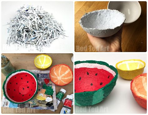 Shredded Paper Ideas - turn your shredded paper into summer fruit papier mache bowls Diy Fruit Bowl, Watermelon Craft, Paper Mache Crafts For Kids, Paper Mache Recipe, Paper Mache Paste, Watermelon Crafts, Homemade Things, Paper Mache Projects, Red Ted Art