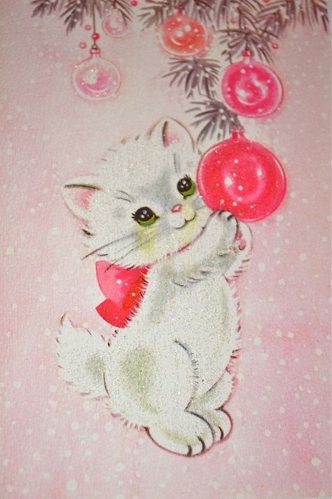 Images Noêl Vintages, Cat Christmas Cards, Vintage Pink Christmas, Pink Xmas, Christmas Kitten, Vintage Christmas Images, Homemade Christmas Cards, Images Vintage, Noel Christmas