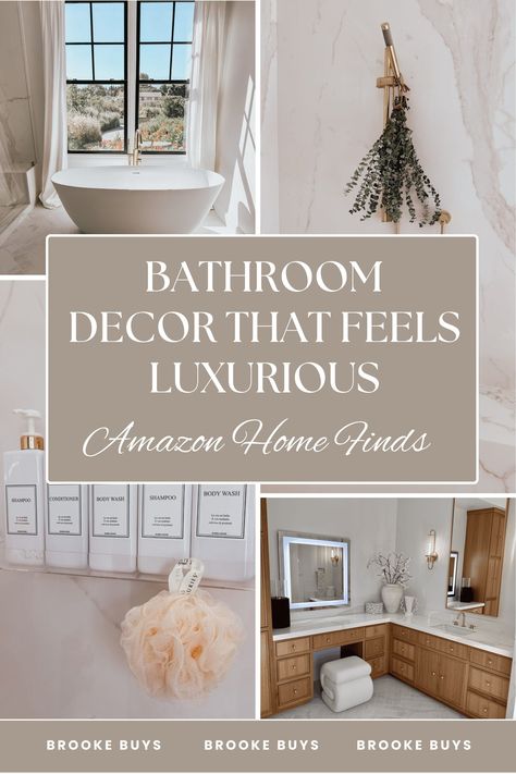 Create a luxurious feel in your bathroom with these organic modern design ideas. From minimalist touches to chic vanity upgrades, these Amazon finds make a big impact. Add neutral shelf decor, gold accents, and eucalyptus bouquets that enhance your natural style interior. These budget-friendly decor pieces give your bathroom a high-end feel. Shop now to refresh your bathroom with affordable luxury accessories! Primary Bath Decor, Bathroom Decor Ideas Amazon, Neutral Shelf Decor, Eucalyptus Bouquets, Luxury Bathroom Decor, Organic Modern Design, Amazon Fall Fashion, Chic Vanity, Beautiful Bathroom Decor