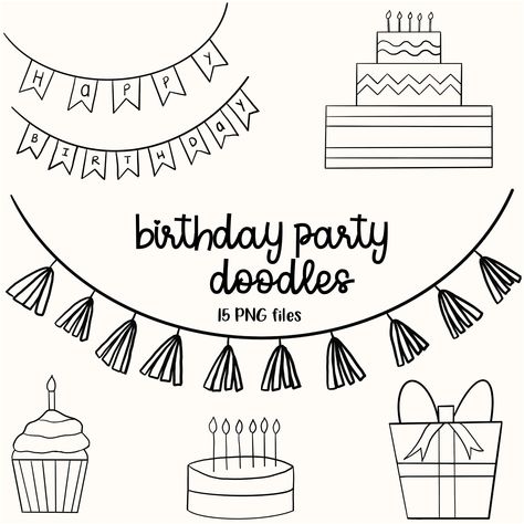 : Fun and festive stamps to celebrate a special#birthdayfont #happybirthday #fontdesign #celebration #birthdaywishes Birthday Banner Illustration, Doodle Cake Design, Birthday Banner Drawing, Easy Birthday Doodles, Happy Birthday Fonts Hand Drawn, Doodle Embellishments, Bday Doodles, Doodle Happy Birthday, Party Doodles