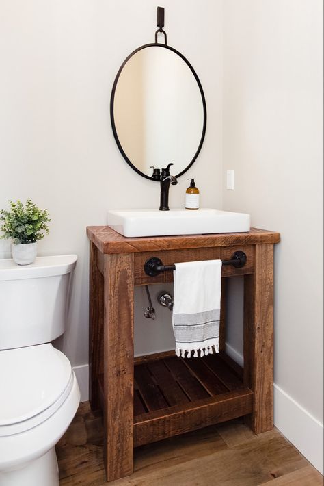 Small Powder Room Ideas Narrow Farmhouse, Small Vanity Sink Ideas, Metal Vanity Bathroom, Boho Vanity Bathroom, Rustic Powder Room Ideas, Modern Farmhouse Powder Room, Bubble Room, Bathroom Planning, Solid Wood Bathroom Vanity