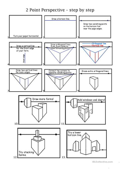 2pt perspective - English ESL Worksheets for distance learning and physical classrooms Perspective Worksheet, Perspective Step By Step, 2 Point Perspective Drawing, Perspective Architecture, Art Fundamentals, 2 Point Perspective, Two Point Perspective, Perspective Lessons, Classe D'art