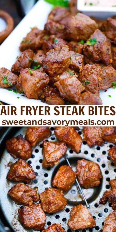 Air Fryer Steak Bites are tasty little pieces of perfectly cooked sirloin steak flavored with garlic, Worcestershire sauce, and smoked paprika. Fodmap Air Fryer Recipes, Stew Meat Air Fryer Recipes, Yummy Easy Dinner Recipes, Air Fryer Steak Bites, Bbq Chicken Bites, Sirloin Steak Recipes, Cottagecore Recipes, Bruschetta Bar, Steak Bites Recipe