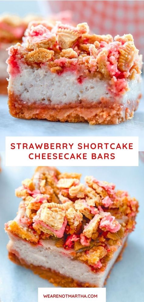 Strawberry Oreo Cheesecake Bars, Strawberry Cake With Oreo Cookies, Strawberry Shortcake Blondies, Cheesecake Bar Recipes Easy, Strawberry Oreo Dessert, Strawberry Shortcake Brownies, Strawberry Shortcake Dessert Ideas, Strawberry Crunch Cheesecake Bars, Strawberry Shortcake Bites