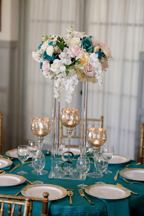 Teal and Rose Gold Tourquise And Rose Gold Wedding, Teal And Gold Flower Arrangements, Aqua Blue And Gold Wedding, Teal And Rose Gold Wedding Decorations, Turquoise And Gold Centerpieces, Aqua And Gold Wedding, Jade And Gold Wedding, Teal Gold Wedding Decoration, Teal And Gold Wedding Decor