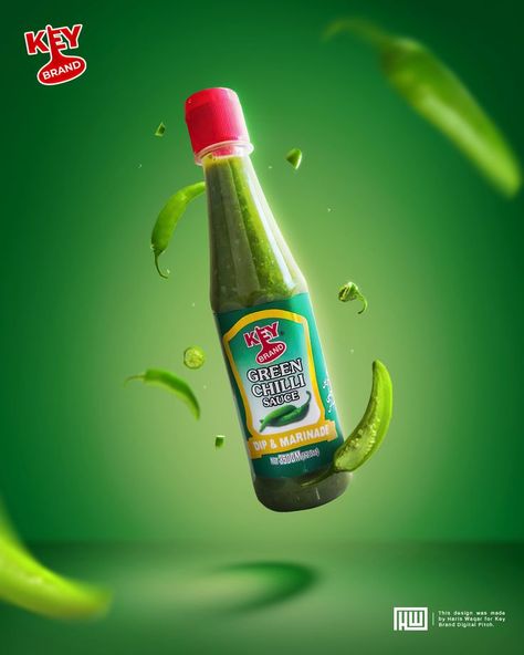 Green Chilli Sauce Ad Green Chilli Sauce, Cauliflower Sauce, Food Logo Design Inspiration, Photoshop Design Ideas, Food Logo Design, Publicidad Creativa, Food Graphic Design, Key Visual, Food Poster Design